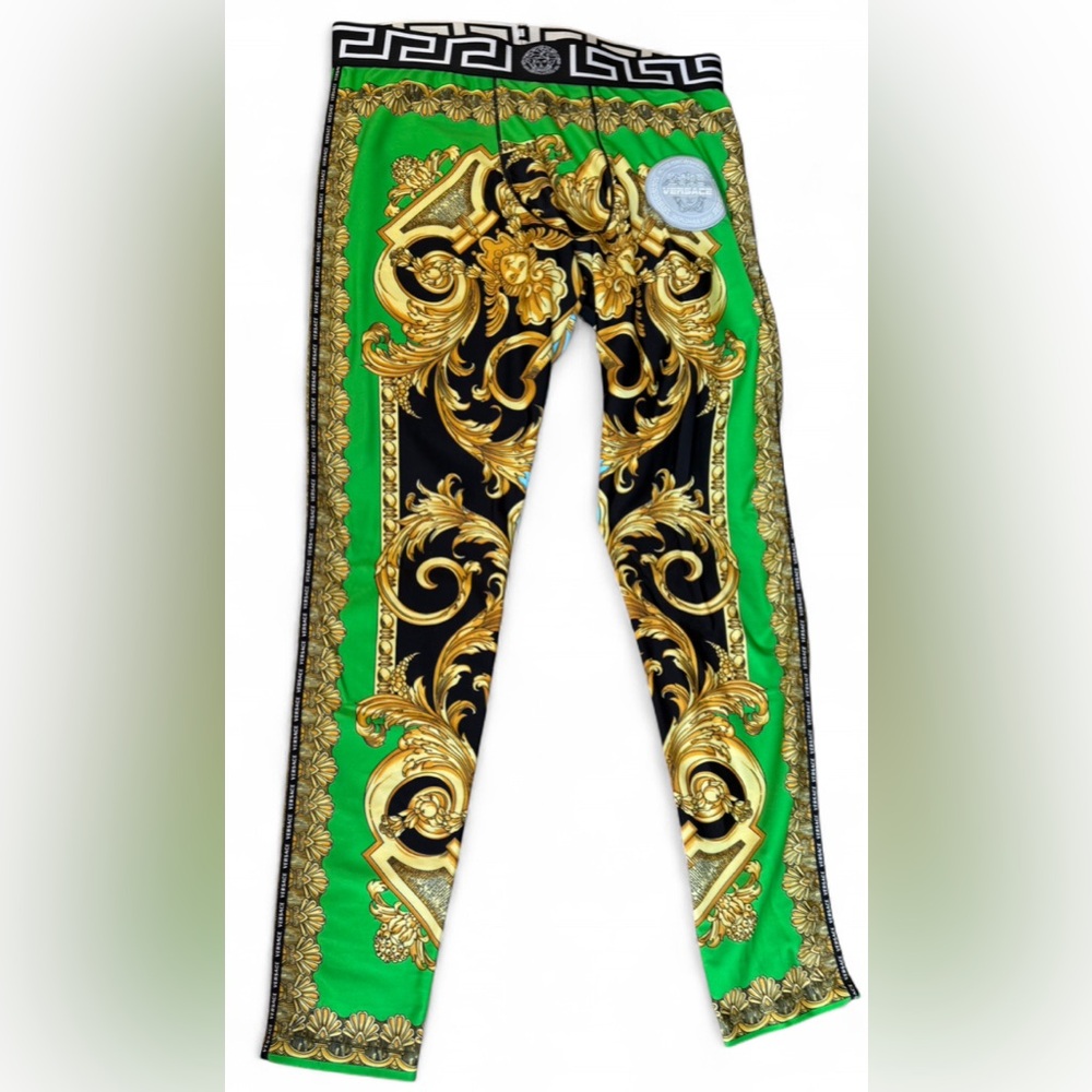 Versace Baroque Leggings Green Gold Black Medusa Print Designer Men's Size 5